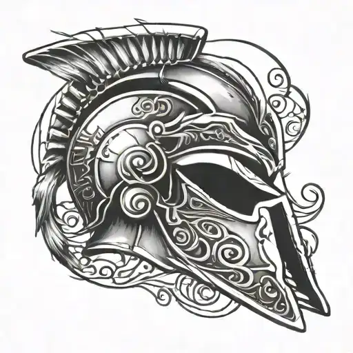 A Spartan Helmet With Music Notes Intertwined In The Design