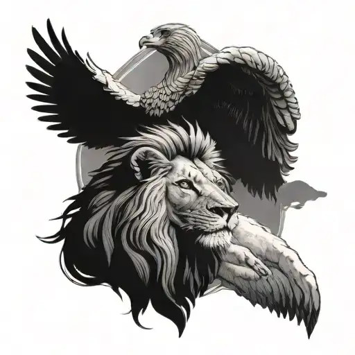 Biblical Lion And Lamb Above Soaring Eagle Soaring