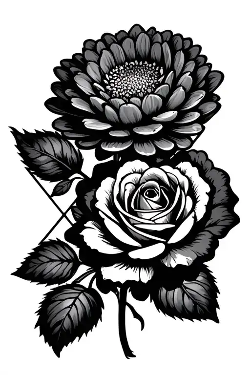 Chrysanthemum And Rose Intertwined In Diamond Shaped Line Outlining