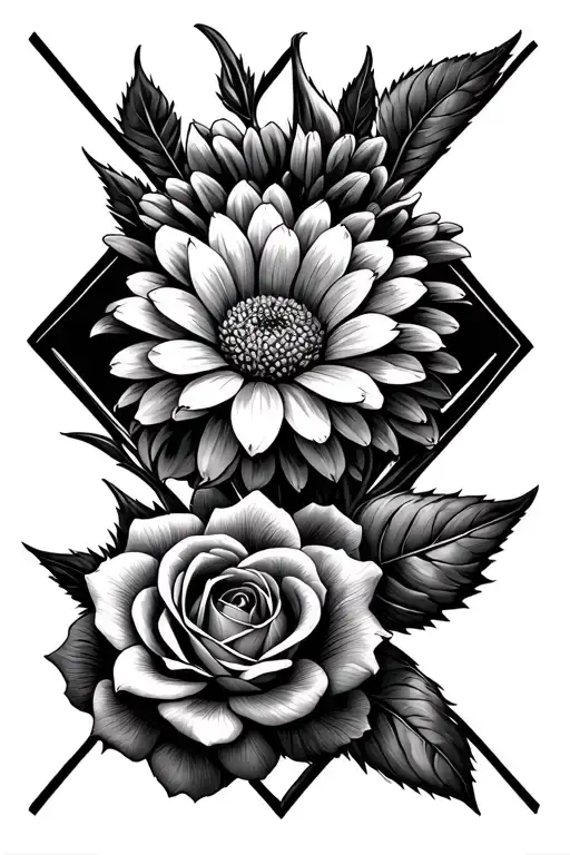 Chrysanthemum And Rose In A Diamond Shaped Line Outlining