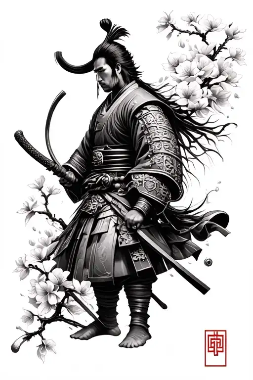 Japanese Samurai Warrior With Blossom Flowers Blooming Sleeve