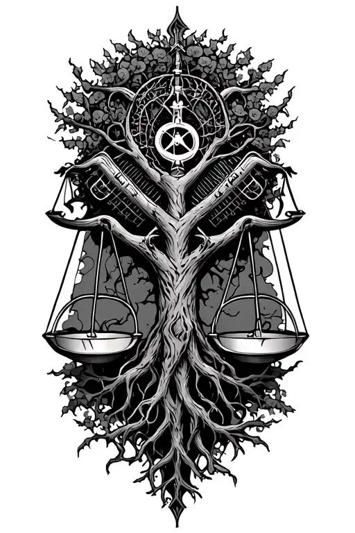 Gothic Tree Of Life With V Twin Engine Intertwined And Midevil Libra Scale In Background