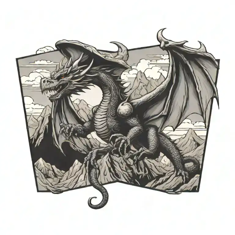 A Dragon With Wings In Cowboy Hat Flying Towards Mountain Range