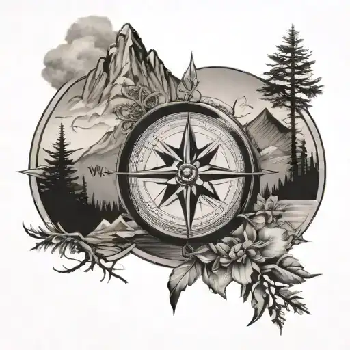 Compass Rose With Mountain Landscape