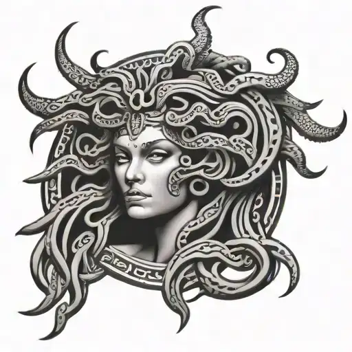 Medusa Tattoo Surrounded With Tribal Patterns