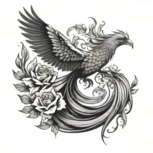 Female Phoenix Flying With Flowers On Tail Hanging Black And White
