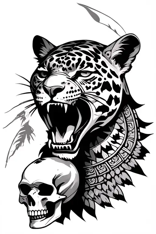 Aztec Jaguar Warrior With A Skull Coming Out Of Its Mouth