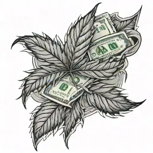 A Black And Grey Tattoo Of A Weed Leaf With Dollar Bill Veins Running Through It