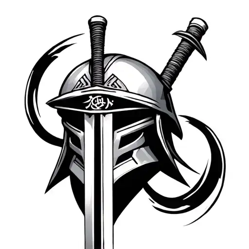 Katana With A Helmet Adorned With Symbols