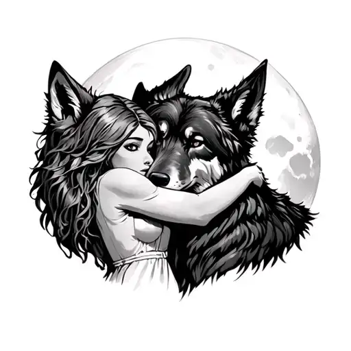 The Girl Hugs The Old Wolf Against The Background Of The Moon