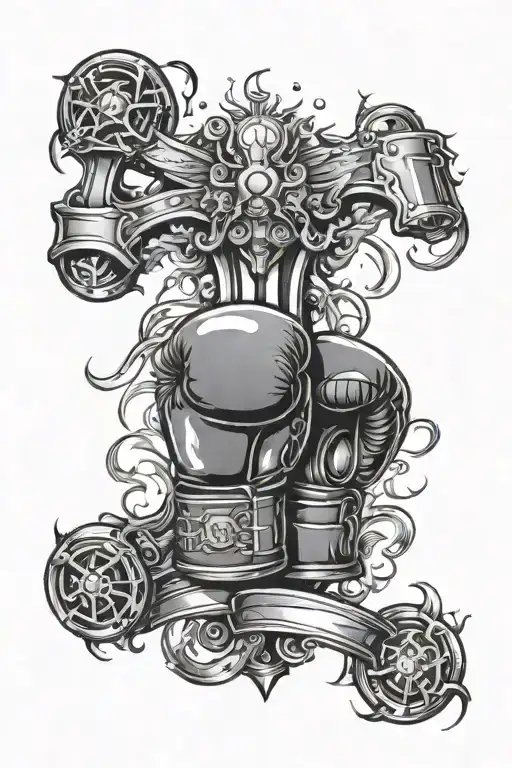 A Tattoo Design Combining Kickboxing Gloves And A Warhammer In A Dynamic And Powerful Composition