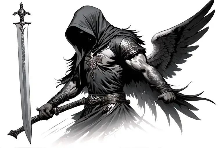 A Dark Angel With A Hood No Visble Face And Big Wings On His Back Holding A Sword Showing His Side