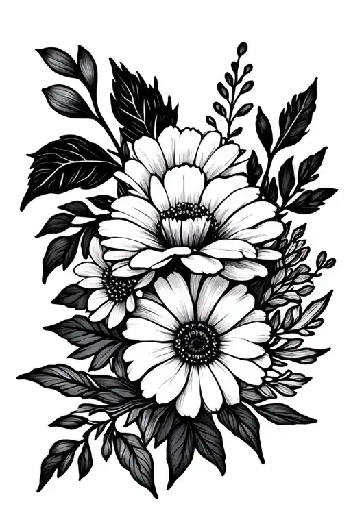 Fine Line Outline Of February May And August Birth Flower Bouquet