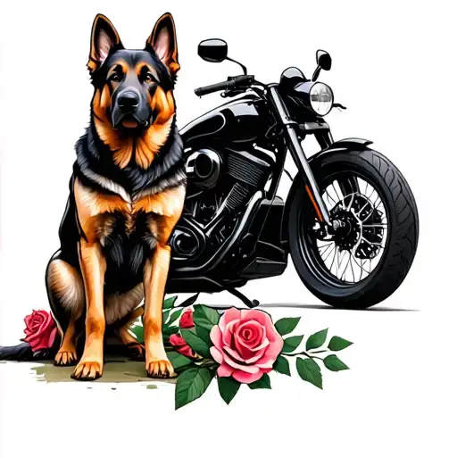 A German Sheperd Standing Next To A Black Motor Cycle With Roses Around It