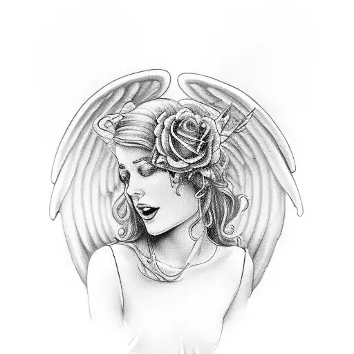 Female Angel With Wings And Roses And Old Watch For Men