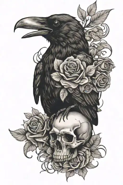 Crow Sitting On Skull With Snake Slithering And Flowers