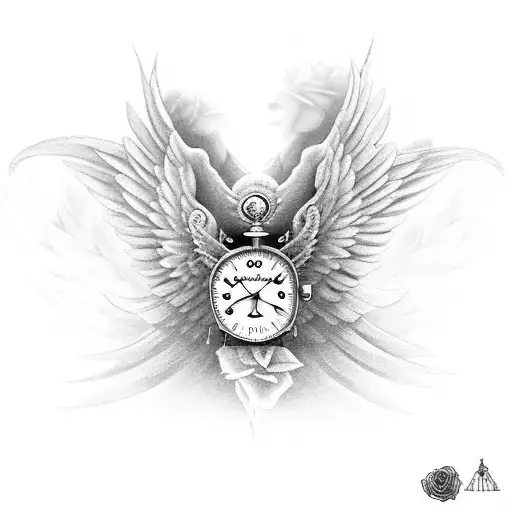 Female Angel With Wings And Roses And Old Watch