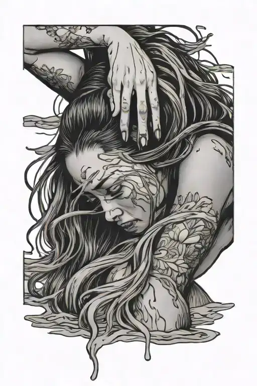 Depressed Woman With Long Hair Drowning In Water On Half Her Face With Her Hands On Her Head