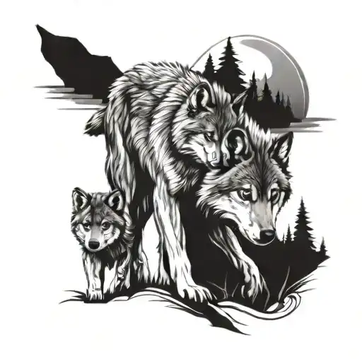 Wolf And Two Cubs Walking