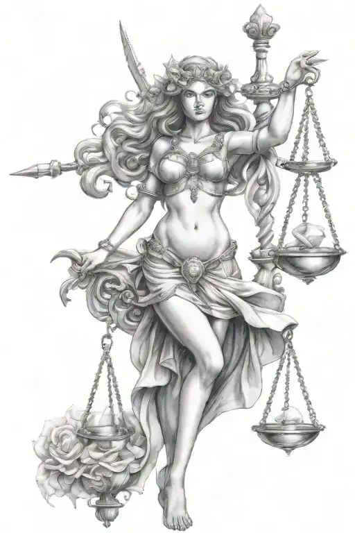 An Intricate Tattoo Of A Sexy Lady Justice As An Aquarius With Elements Of Guns And Hourglasses