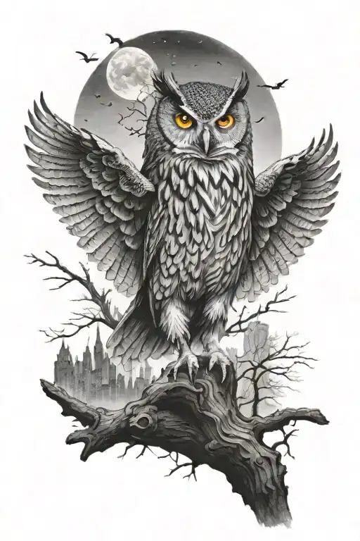 Owl Spreading Its Wings Sat In A Dead Tree With The Skyline Starting To Dusk