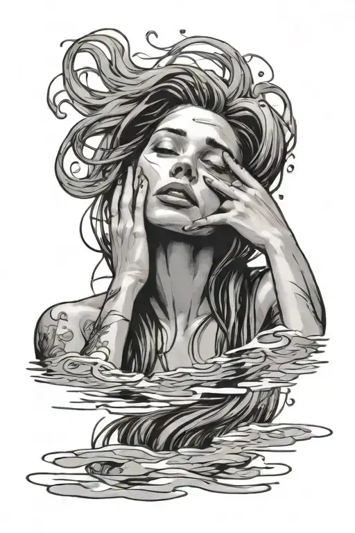 Depressed Woman With Long Hair Drowning In Water On Half Her Face With Her Hands On Her Head