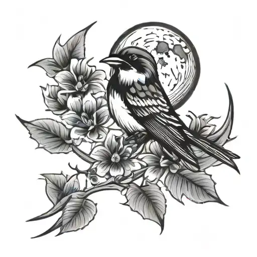 Moon Tattoo Design With A Swallow