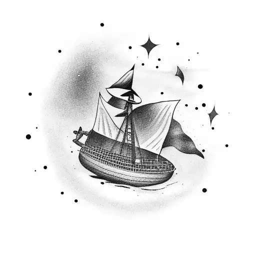 A Black-grey Tattoo Of A Ship Sailing Through The Stars With A Quote From A Favorite Movie