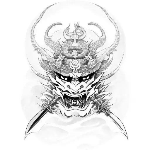 Geisha Hannya Mask With Swords And Dragon