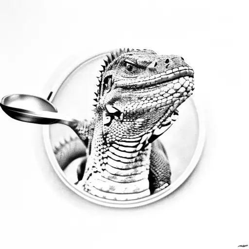 A Komodo Dragon Holding A Spoon Drawn In Black And Gray