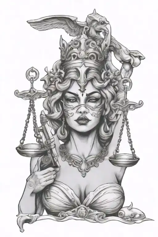 Lady Justice Werting Oni Mask While Holding A Gun As Her Sould Feeds Those She Protects