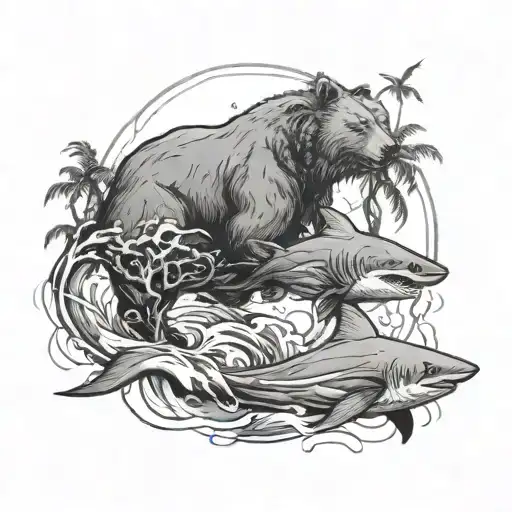 A Bear And A Shark Swimming Together In The Ocean With A Sabah Tree In The Background
