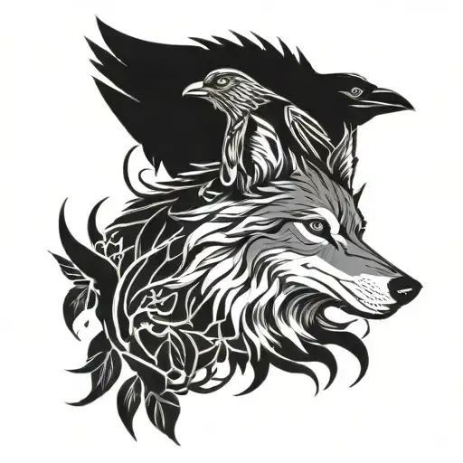 A Wolf And A Raven With Thorn-branch Background