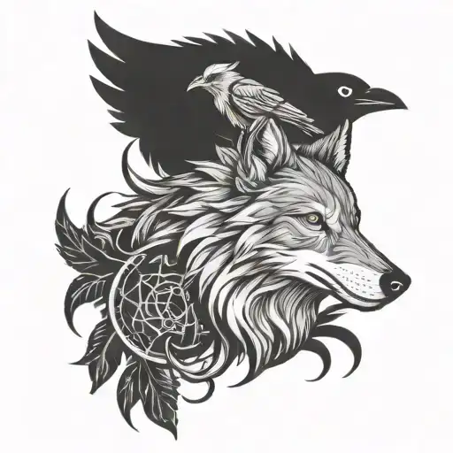 A Wolf And A Raven With Thorn-branch Background