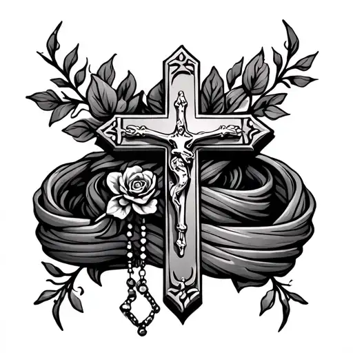 Femine Cross And Rosary Wrapped Loosely