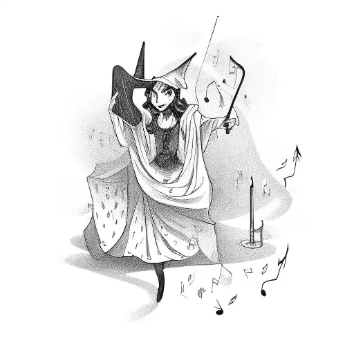 A Mysterious Witch Conjuring Music Notes With Her Wand