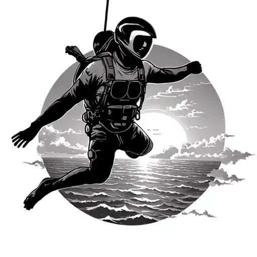 Skydiver Into The Ocean Through Cloud Into Ocean With Sun In The Background