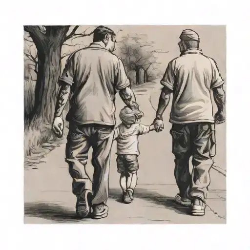 Father Walk Whith Two Children Holding Hands