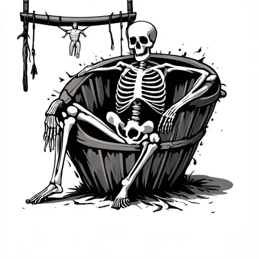 Skeleton Sitting In Thrown With Soul Hanging On Rack In The Background