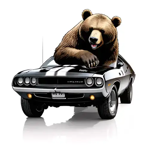 Bear Leaning On 1970 Dodge Challenger