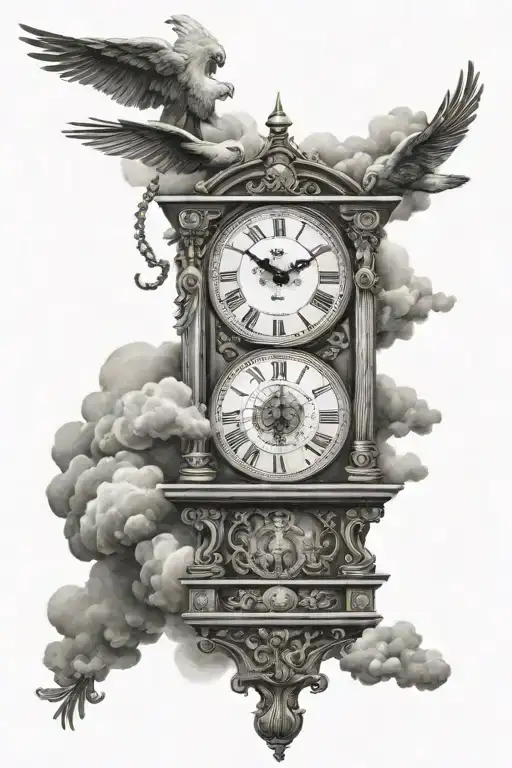 Prayer Hands At The Bottom With Clouds Going Up And A Grandfather Clock On Top Of The Clouds