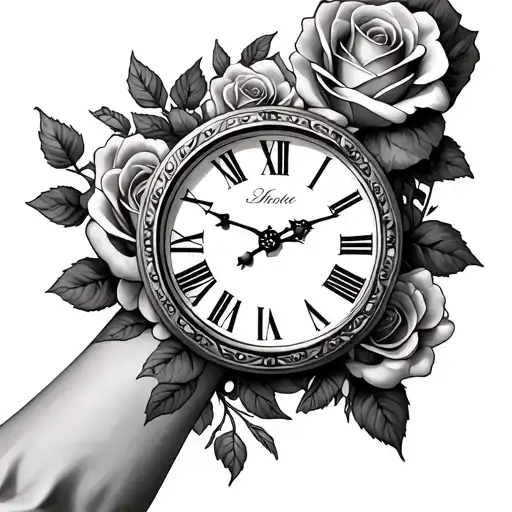 Clock With Roman Numerals Surrounded With Roses On Forearm