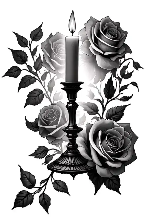 Give Me A Half Sleeve Tattoo Of A Lit Candlestick With Roses In The Background