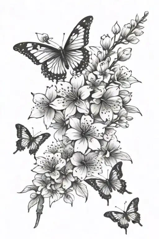 Vertical Dainty Thin Lines Cherry Blossoms With Butterflies Fluttering