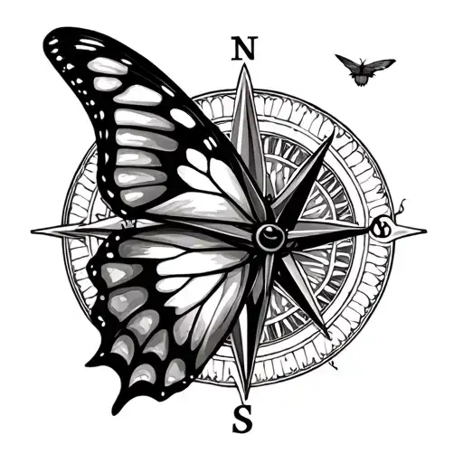 Butterfly Flying And Compass Rose Intertwined