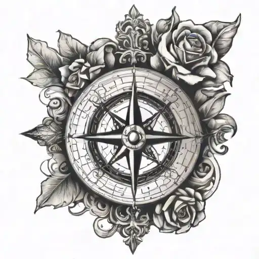 Compas With Flowers Intertwined Behind The Compass