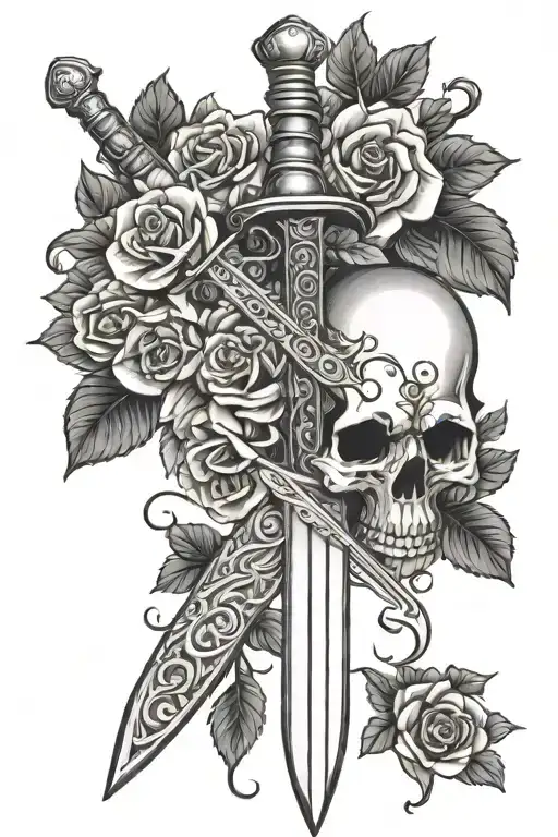 Medieval Dagger With Skull And Roses Mayflowers Hibiscus