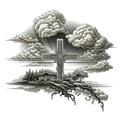 Detailed Cross With Beautiful Clouds And Scenery