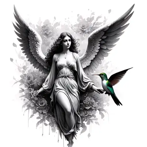 Angel With Big Wings Mixed With Hummingbird Surrounded