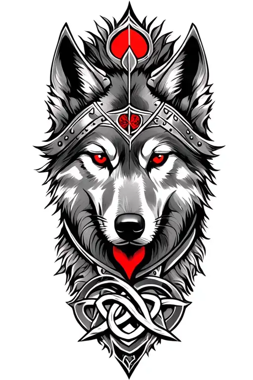 Wolf With Red Eyd On Armor Tattoo Design Featuring Celtic Trinity Knot And Odin